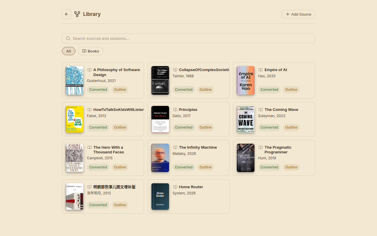 Library page showing book covers in a grid