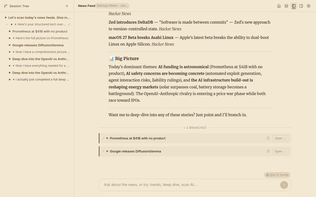 News session with tree sidebar, AI summary, and branch cards