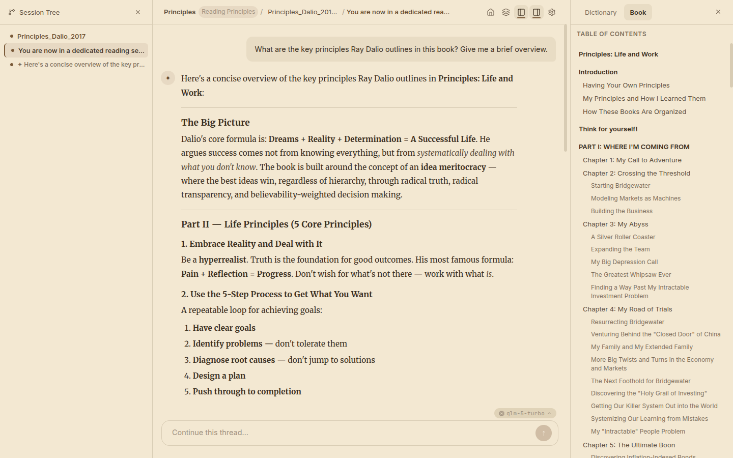 Book reading session showing Principles by Ray Dalio with tree sidebar, AI analysis, and chapter navigation