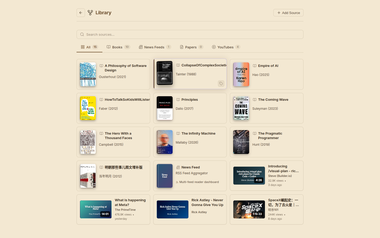 Pi-tree library showing books, news feeds, YouTube videos, and papers organized in a grid