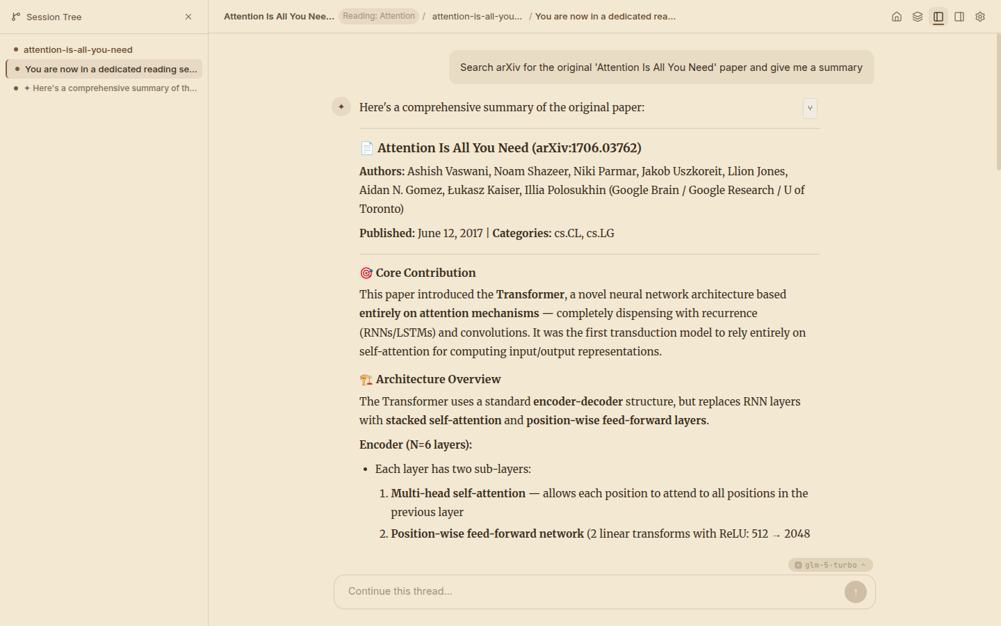 Paper reading session showing Attention Is All You Need with arXiv metadata and architecture overview