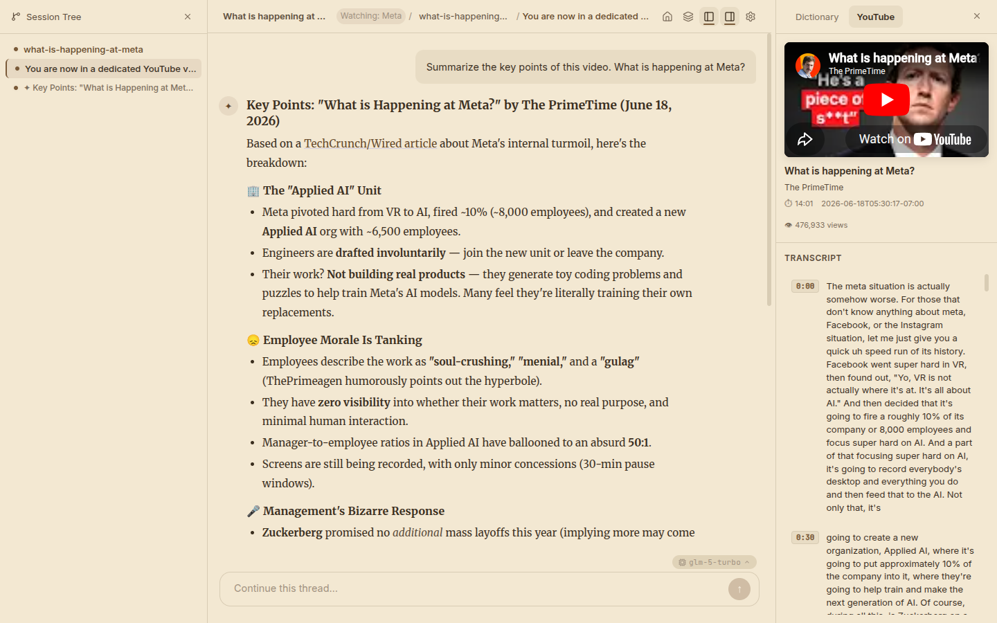 YouTube session analyzing a ThePrimeTime video about Meta, with embedded video player and timestamped transcript